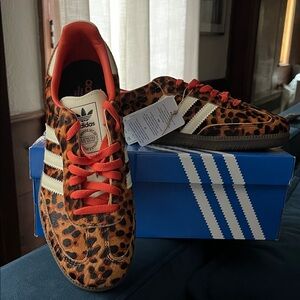 NEW!! adidas Leopard Print Sneakers with Cream Stripes and Orange Laces,
